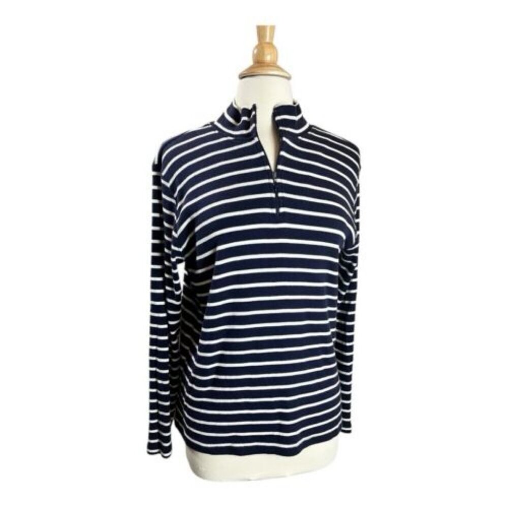 L.L. Bean Knit Top Women's XL 1/4 Zip Sailor Mock Neck Stripe Pullover Blue